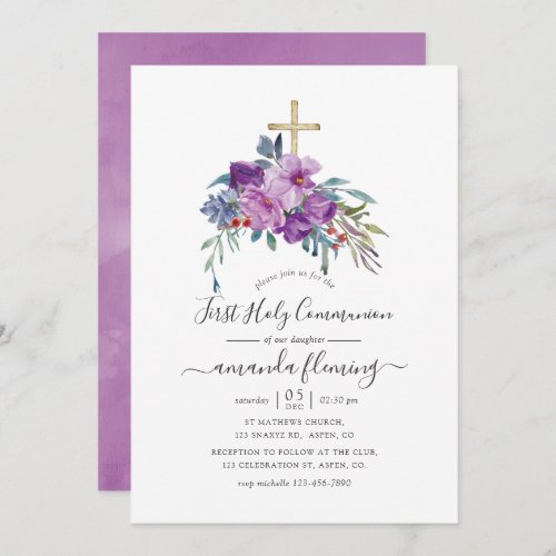 Purple Magnolias  Roses Watercolor Holy Communion Invitation