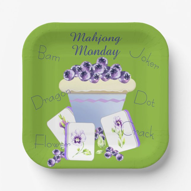 Purple Mahjong Tiles and Blueberry Cupcake  Paper Plates (Front)
