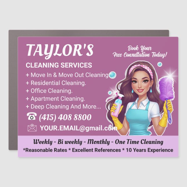 Purple Maid Janitorial Lady House Cleaning Service Car Magnet (Front)