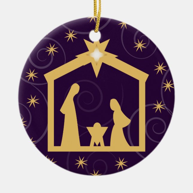Purple Majesty Christmas Nativity Scene Ceramic Ornament (Front)