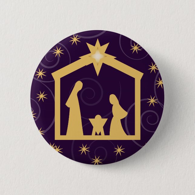 Purple Majesty Christmas Nativity Scene Pinback Button (Front)