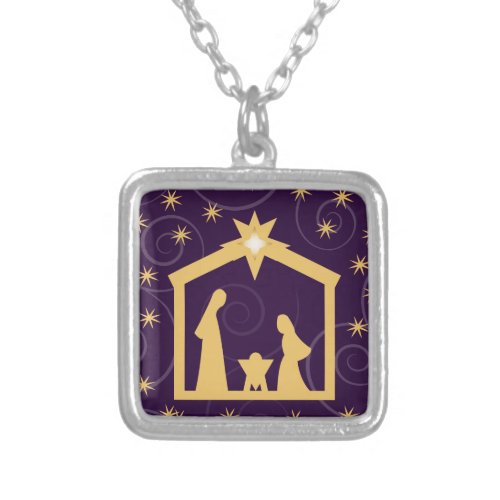 Purple Majesty Christmas Nativity Scene Silver Plated Necklace