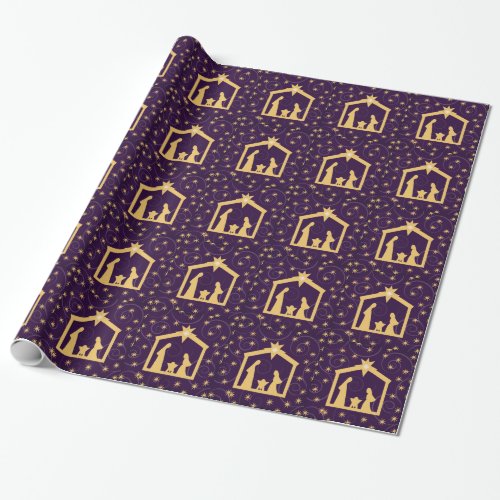 Purple Majesty Christmas Nativity Scene Wrapping Paper