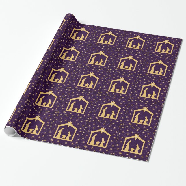 Purple Majesty Christmas Nativity Scene Wrapping Paper (Unrolled)