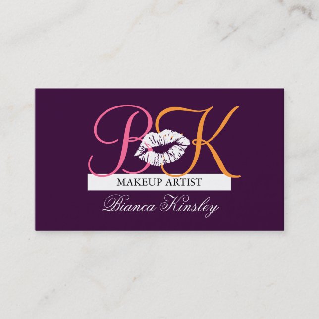 Purple Makeup Artist Monograms Business Card (Front)