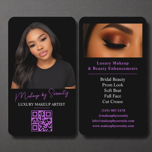 Customizable Purple Makeup Artist QR Code Luxury Black Beauty Business Card