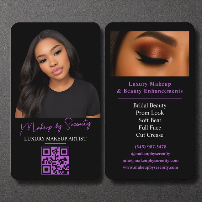 Purple Makeup Artist QR Code Luxury Black Beauty Business Card (Creator Uploaded)