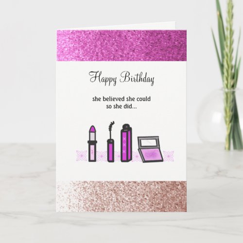 Purple Makeup Faux Glitter Birthday Card