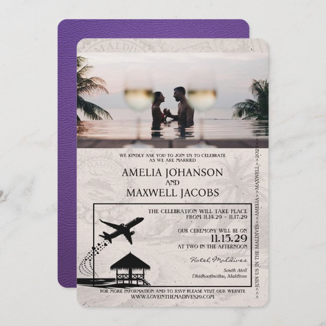 Purple Maldives Passport Wedding Invitation (Front/Back)