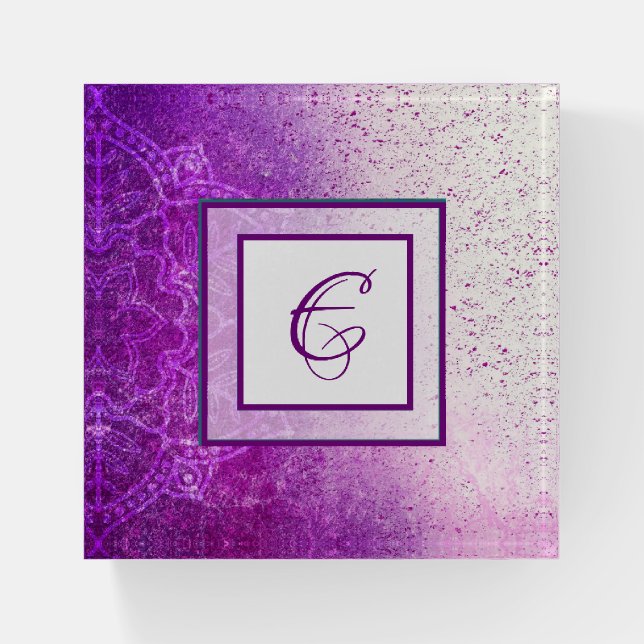 Purple Mandala and White Monogrammed   Paperweight (Front)