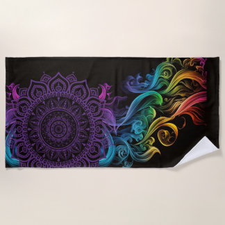 Purple Mandala Bold Black Colorful Chakra Beach Towel