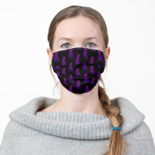 Purple Mandala Cats on Black Adult Cloth Face Mask