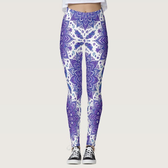 Purple Mandala Floral Seamless Pattern Leggings (Front)