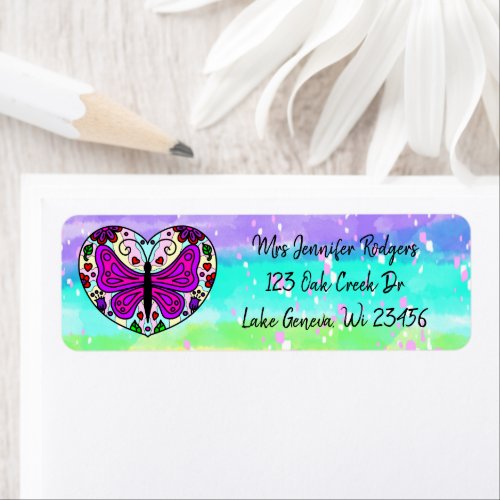 Purple Mandala Heart with Butterfly  Label