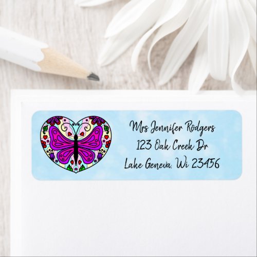 Purple Mandala Heart with Butterfly  Label
