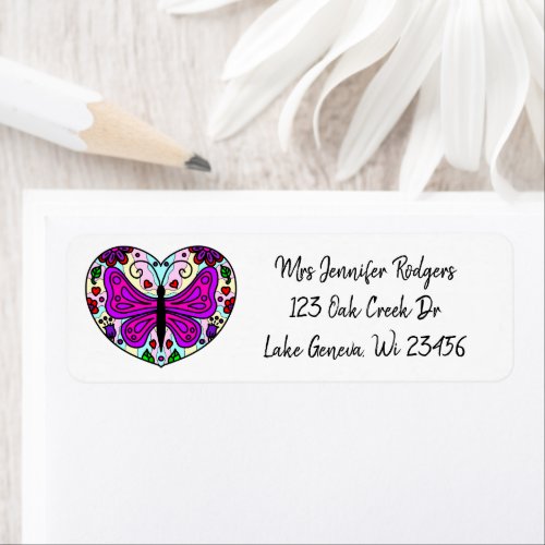 Purple Mandala Heart with Butterfly Label
