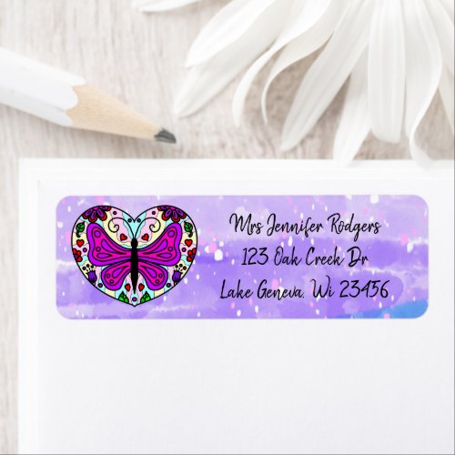 Purple Mandala Heart with Butterfly  Label