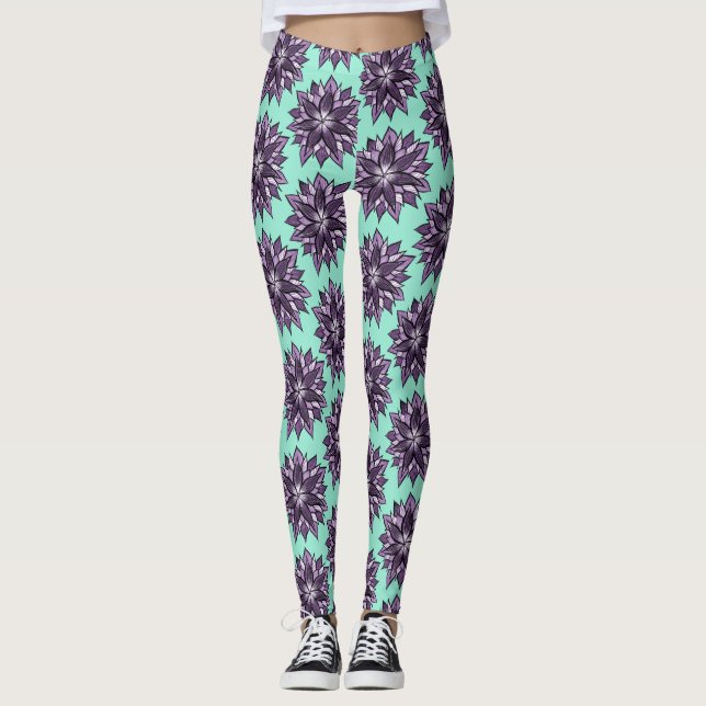 Purple Mandala Like Flower Drawing Pattern Leggings (Front)