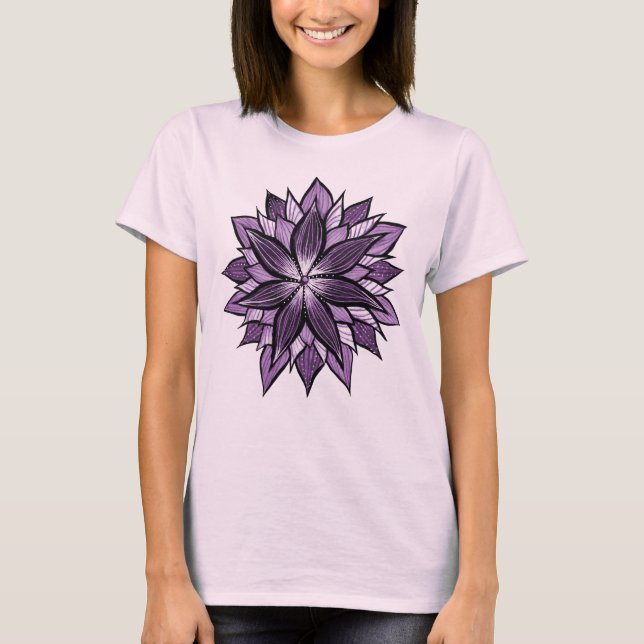 Purple Mandala Like Ink Drawn Abstract Flower T-Shirt (Front)