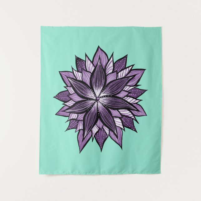 Purple Mandala Like Ink Drawn Abstract Flower Tapestry (Front)