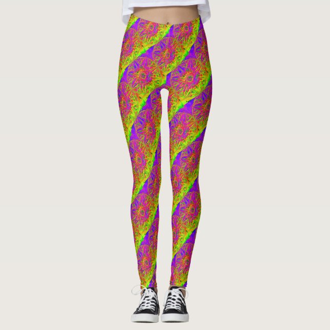 purple mandala pattern yellow diagonal striped leggings (Front)