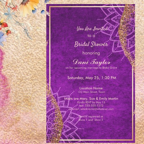 Purple Mandala Rose Gold Glitter Bridal Shower Invitation