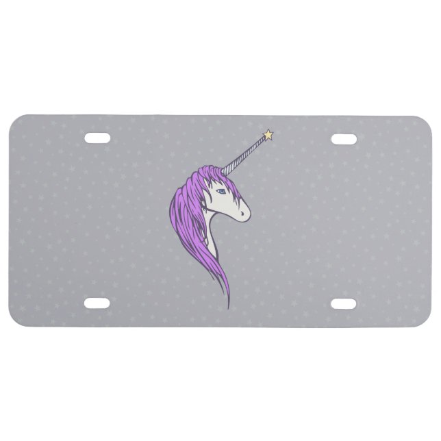 Purple Mane White Unicorn With Star Horn License Plate (Front)