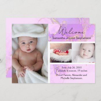 Purple Marble 3 Photo Girl Baby Birth Announcement by CustomInvites at Zazzle