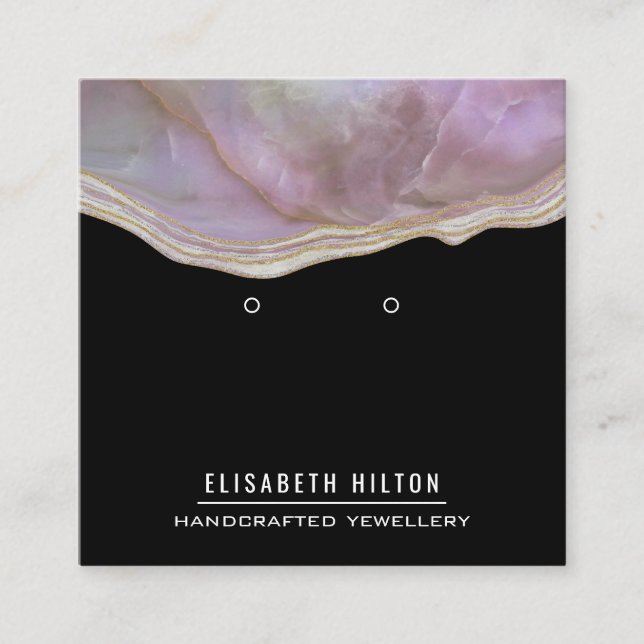 Purple marble agate Earring display Square Busines Business Card (Front)