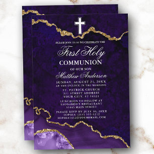 Purple Marble Agate Geode First Holy Communion Invitation