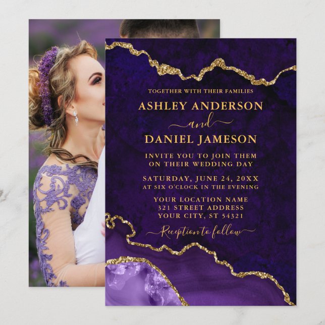 Purple Marble Agate Geode Photo Wedding Gold  Invitation (Front/Back)