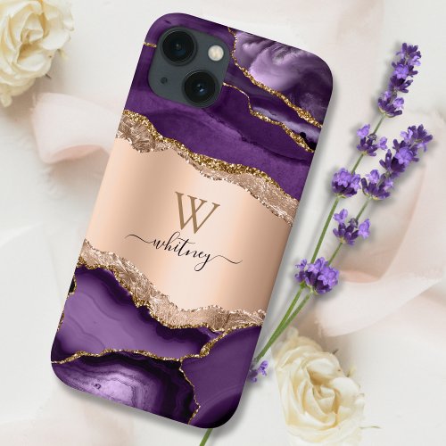 Purple Marble Agate  Rose Gold Glitter Sparkle iPhone 13 Case