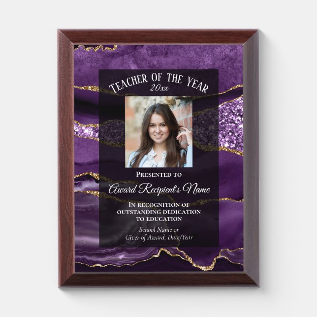 Purple Marble Agate Teacher of the Year Photo Award Plaque (Vertical)