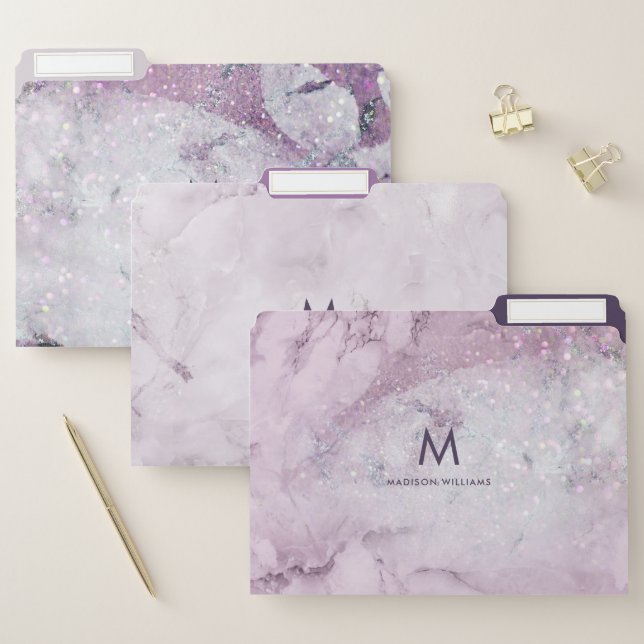 Purple Marble and Glitter Modern Monogram File Folder (Set)