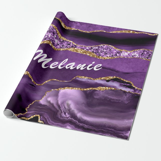 Purple Marble Custom Name Gift Wrapping Paper (Unrolled)