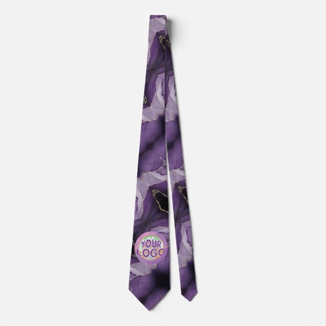 Purple Marble Faux Gold Accents Custom Logo Neck Tie (Front)
