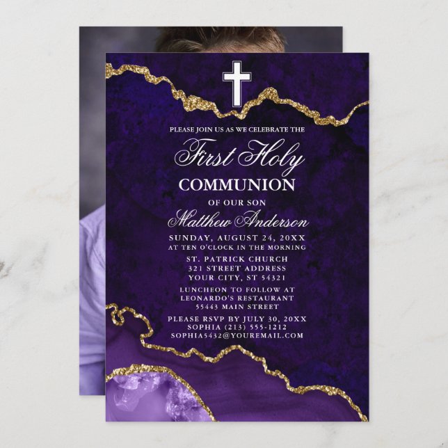 Purple Marble Geode Photo First Holy Communion Invitation (Front/Back)
