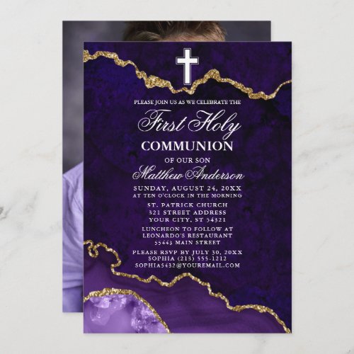 Purple Marble Geode Photo First Holy Communion Invitation