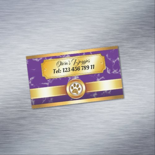 Purple Marble Gold Banner Paw Print Business Card Magnet