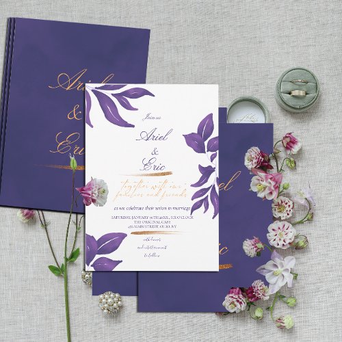 Purple Marble  Gold Eucalyptus Elegant Wedding  Invitation
