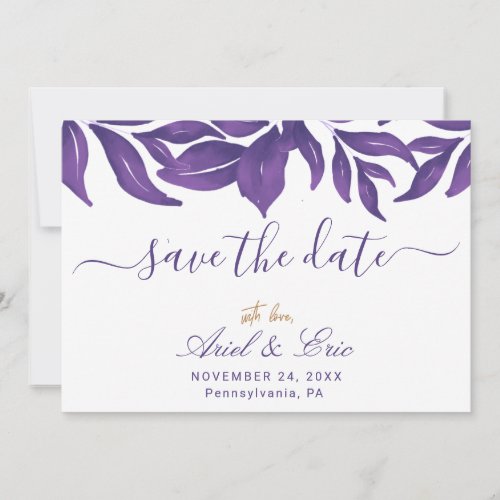Purple Marble  Gold Eucalyptus Elegant Wedding  Save The Date