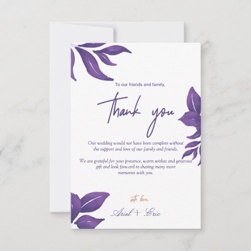 Purple Marble  Gold Eucalyptus Elegant Wedding  Thank You Card