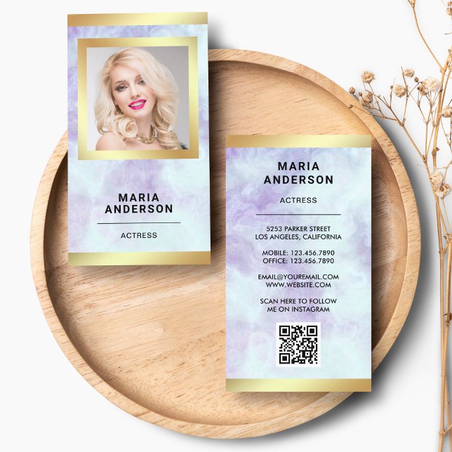 Purple Marble Gold Model Actress QR Code Photo Business Card (Creator Uploaded)