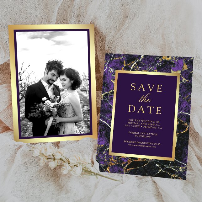 Purple Marble Gold Photo Wedding Save The Date (Creator Uploaded)