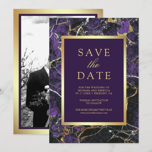 Purple Marble Gold Photo Wedding Save The Date
