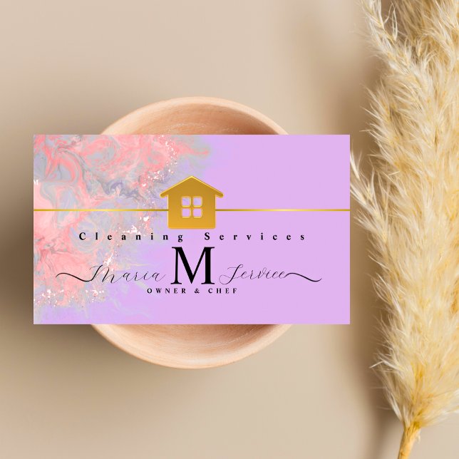 purple marble golden house design cleaning service business card (Creator Uploaded)
