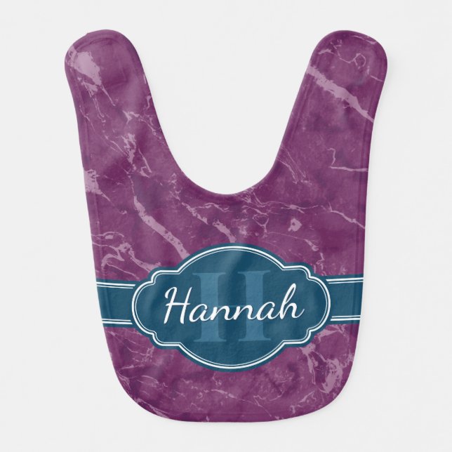 Purple Marble Pattern Teal Monogram Baby Bib (Front)