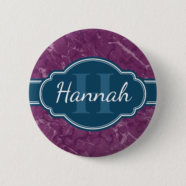 Purple Marble Pattern Teal Monogram Button (Front)