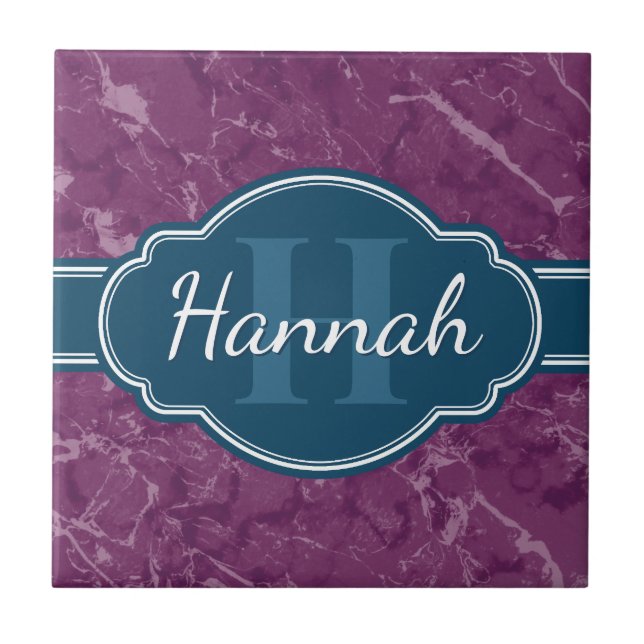 Purple Marble Pattern Teal Monogram Ceramic Tile (Front)