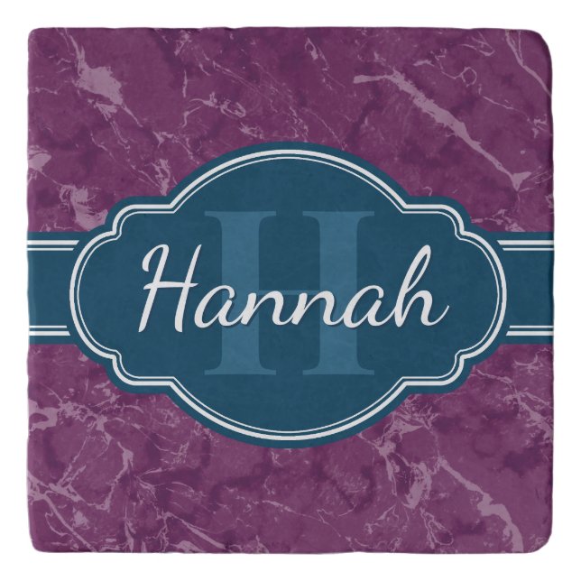 Purple Marble Pattern Teal Monogram Trivet (Front)